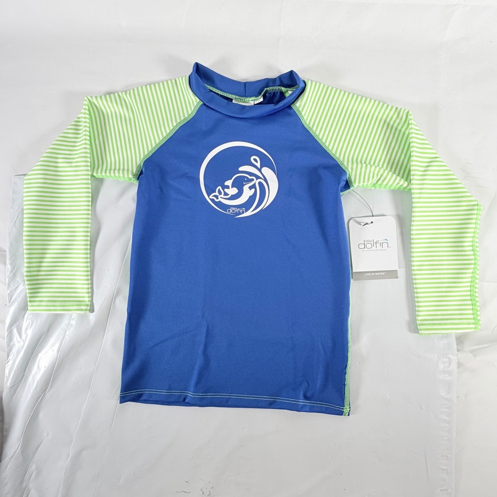 Little Dolfin‎ Boys Girls Long Sleeve Swim Rash Guard Green Stripe Royal Size 7